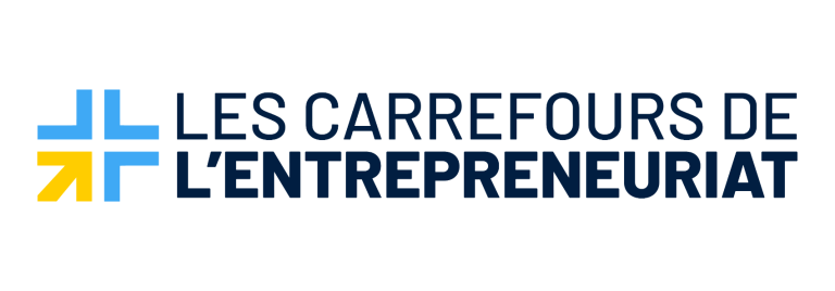 Les Carrefours de l'Entrepreneuriat Logo des Carrefours de l'Entrepreneuriat, avec des flèches et le texte en bleu et noir.