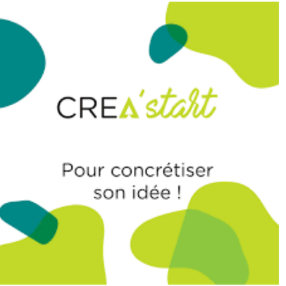 Logo de CREA'start de CREATIVA avignon Logo de CREA'start avec le texte "Pour concrétiser son idée !" et des motifs colorés.