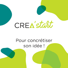 Logo de CREA'start de CREATIVA avignon Logo de CREA'start avec le texte "Pour concrétiser son idée !" et des motifs colorés.