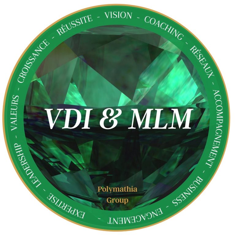 Logo représentant un diamant vert une émeraude Polymathia Group  avec les inscriptions "VDI & MLM" au centre.