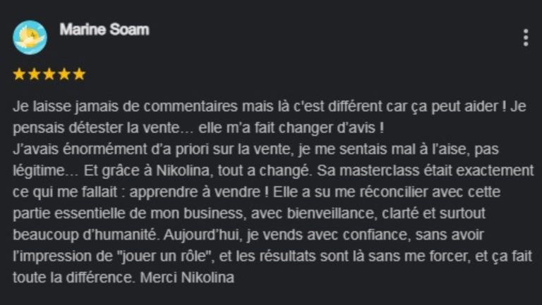 Avis Positif du coach Nikolina Popvski sur Google Avis Positif du coach Nikolina Popovski sur Google