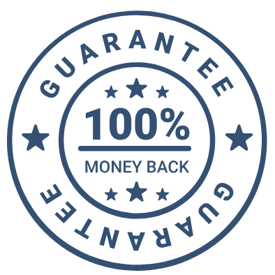 Garantie de satisfaction ou remboursé Sceau bleu avec texte "100% Money Back Guarantee" et étoiles.