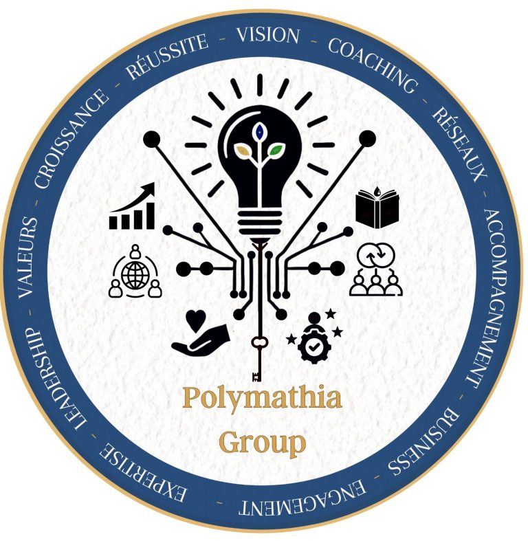 Logo du Polymathia Group avec des icônes représentant l'innovation et le coaching.