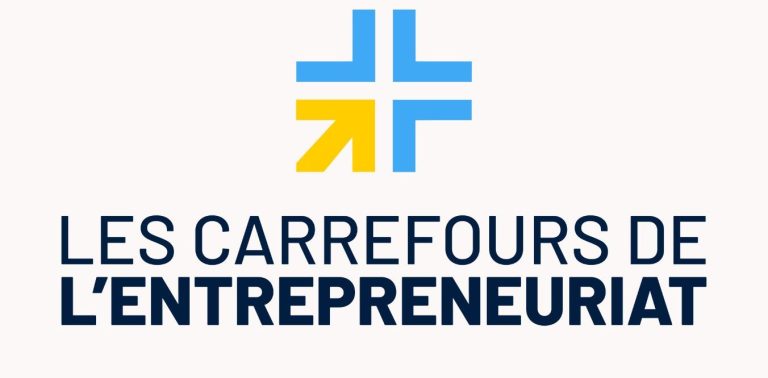 Les Carrefours de l'Entrepreneuriat Logo des Carrefours de l'Entrepreneuriat, avec des flèches et le texte en bleu et noir.