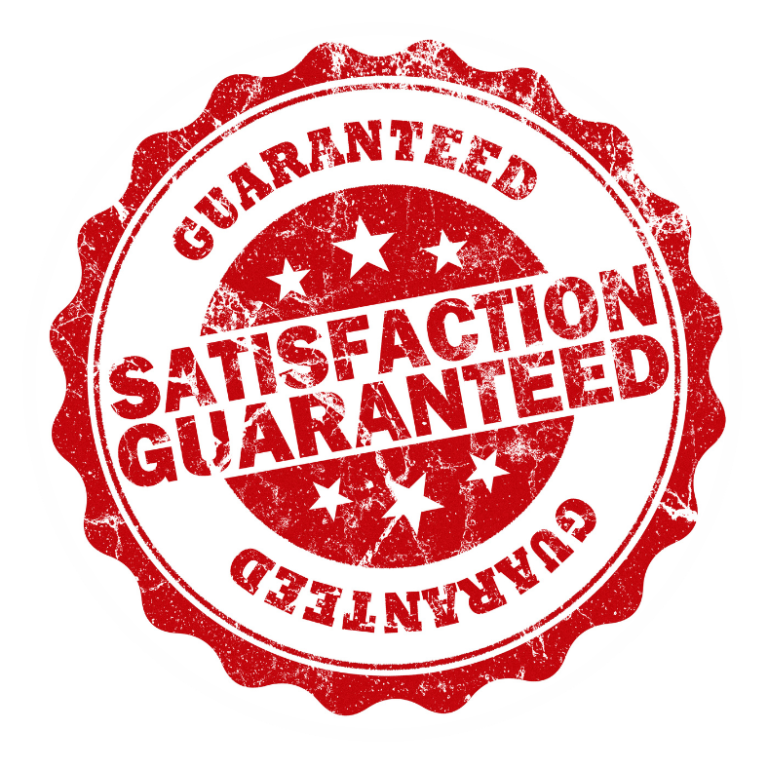 Garantie de satisfaction ou remboursé Tampon rouge indiquant "Satisfaction garantie" avec des étoiles et le mot "garanti".