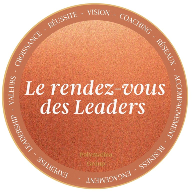 Logo rond avec le texte "Le rendez-vous des Leaders" Polymathia Group  et des mots-clés autour. Atelier de coaching groupé