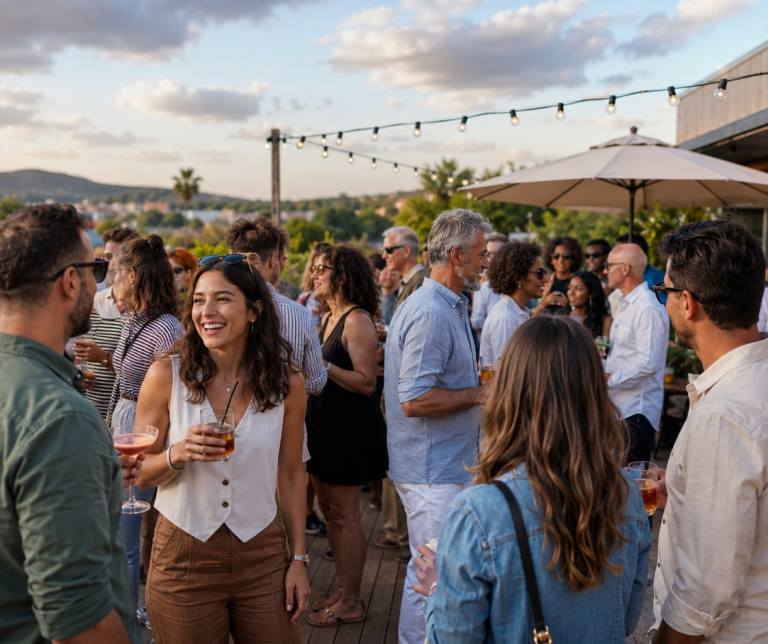 Evènements by Nikolina Groupe de personnes profitant d'une fête en plein air sur une terrasse, avec des boissons.