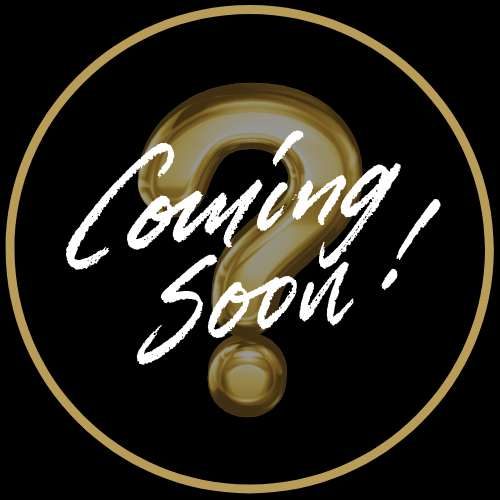 Polymathia Group Texte "Coming Soon!" sur fond noir avec un point d'interrogation doré.