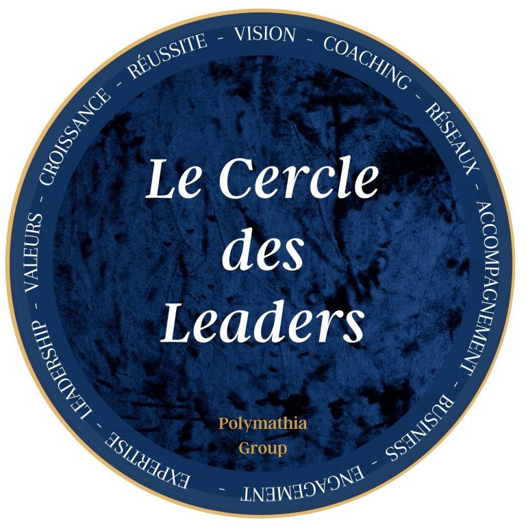 Logo du Cercle des Leaders avec texte en blanc sur fond bleu.