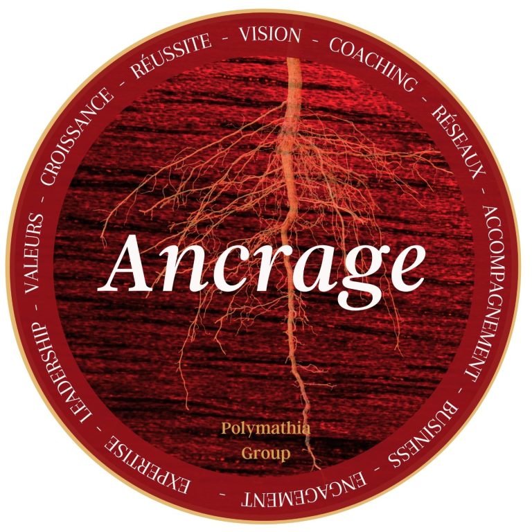 Logo avec le mot "Ancrage" Polymathia Group et des mots clés autour, sur fond rouge. Suivi client