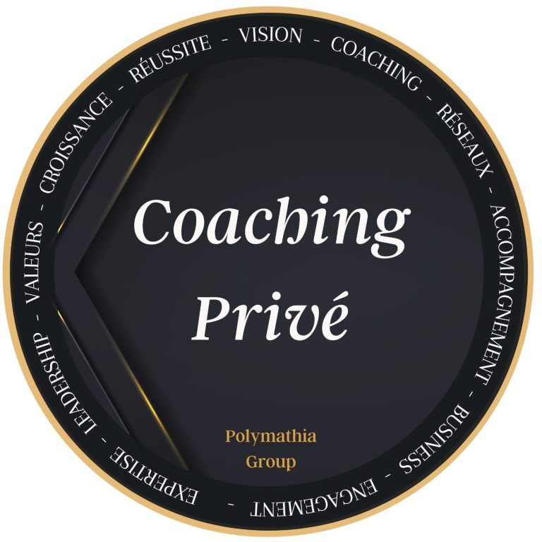 Logo de Coaching Privé, Polymathia Group , avec texte sur fond noir, entouré de mots-clés liés au coaching.