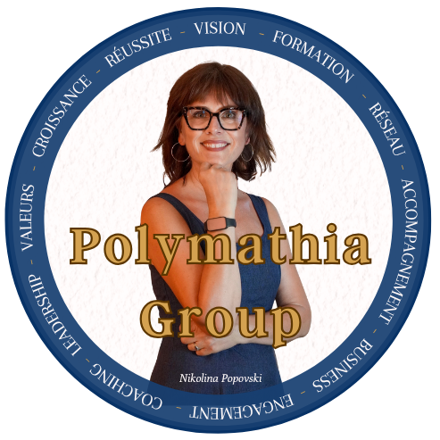 Logo Polymathia Group - Nikolina Popovski Logo Polymathia Group avec Nikolina Popovski - Femme souriante entourée de mots inspirants - Réseau, Formation, Réussite, Croissance, Vision