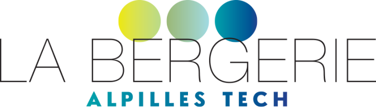 Logo de La Bergerie Pépinière d'entrepreneurs et incubateur Logo de La Bergerie, Alpillles Tech, avec des cercles colorés en haut.