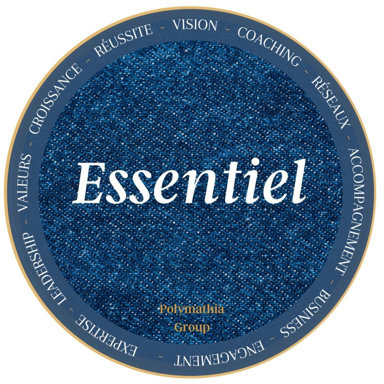 Logo avec le mot "Essentiel" Polymathia Group et des termes liés au coaching et aux valeurs.